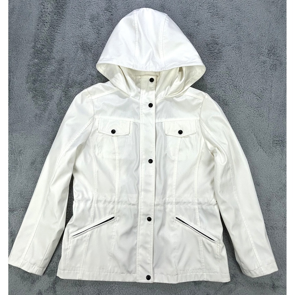 Guess‎ Coat Rain Jacket Women Large Ivory Hooded Pockets Sleek NWOT